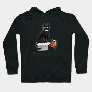 Cartoon black cat throwing off a jar of tomatoes with the inscription "My tomatoes - my weapon." Hoodie